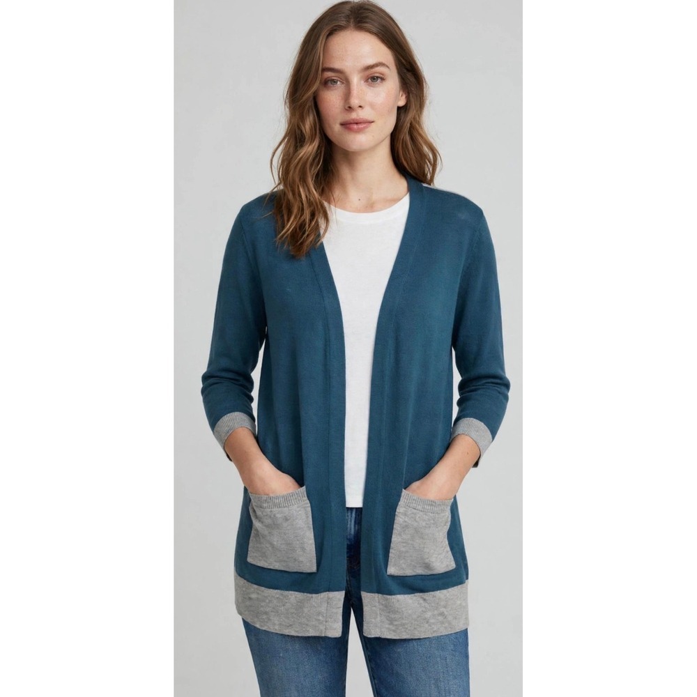 Project Cece Cardigan Sweater Womens L Blue Gray Colorblock Open Front Pocket